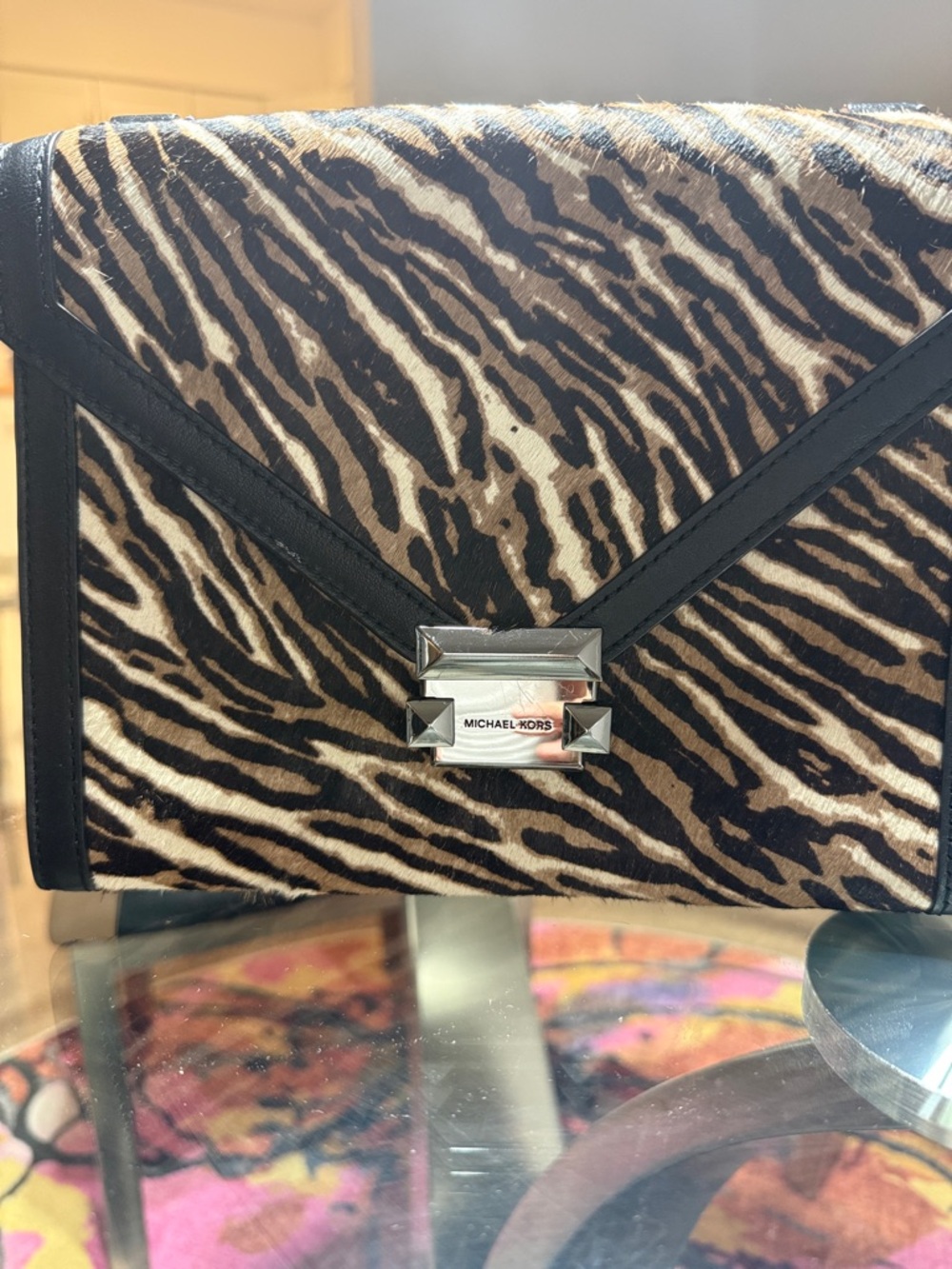 Michael Kors Black & Brown Tiger-Print Envelope Clutch